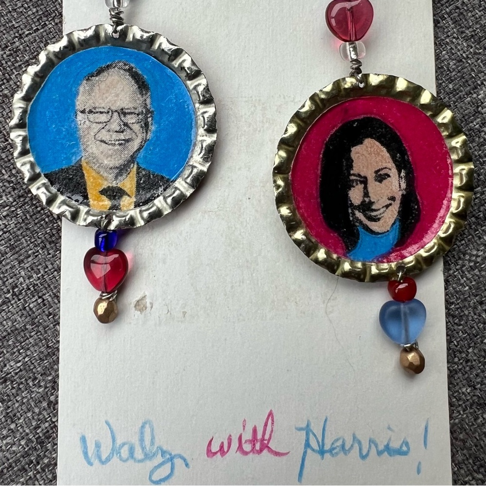 Handcrafted Political Earrings with Heart Charms - Kamala Harris & Tim Walz